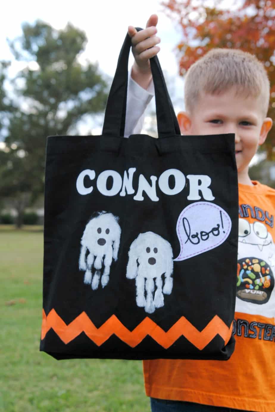 Halloween Trick or Treat Bag with Handprint Ghosts