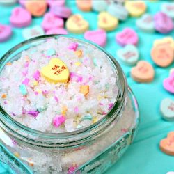 Sweethearts Sugar Scrub - Valentine's Day Sugar Scrub made with Sweethearts candy in a mason jar.