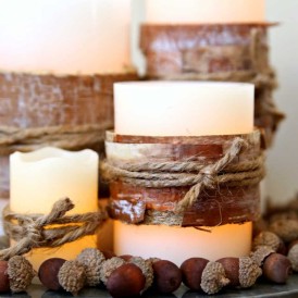 Rustic Fall Centerpiece with Bark Wrapped Candles