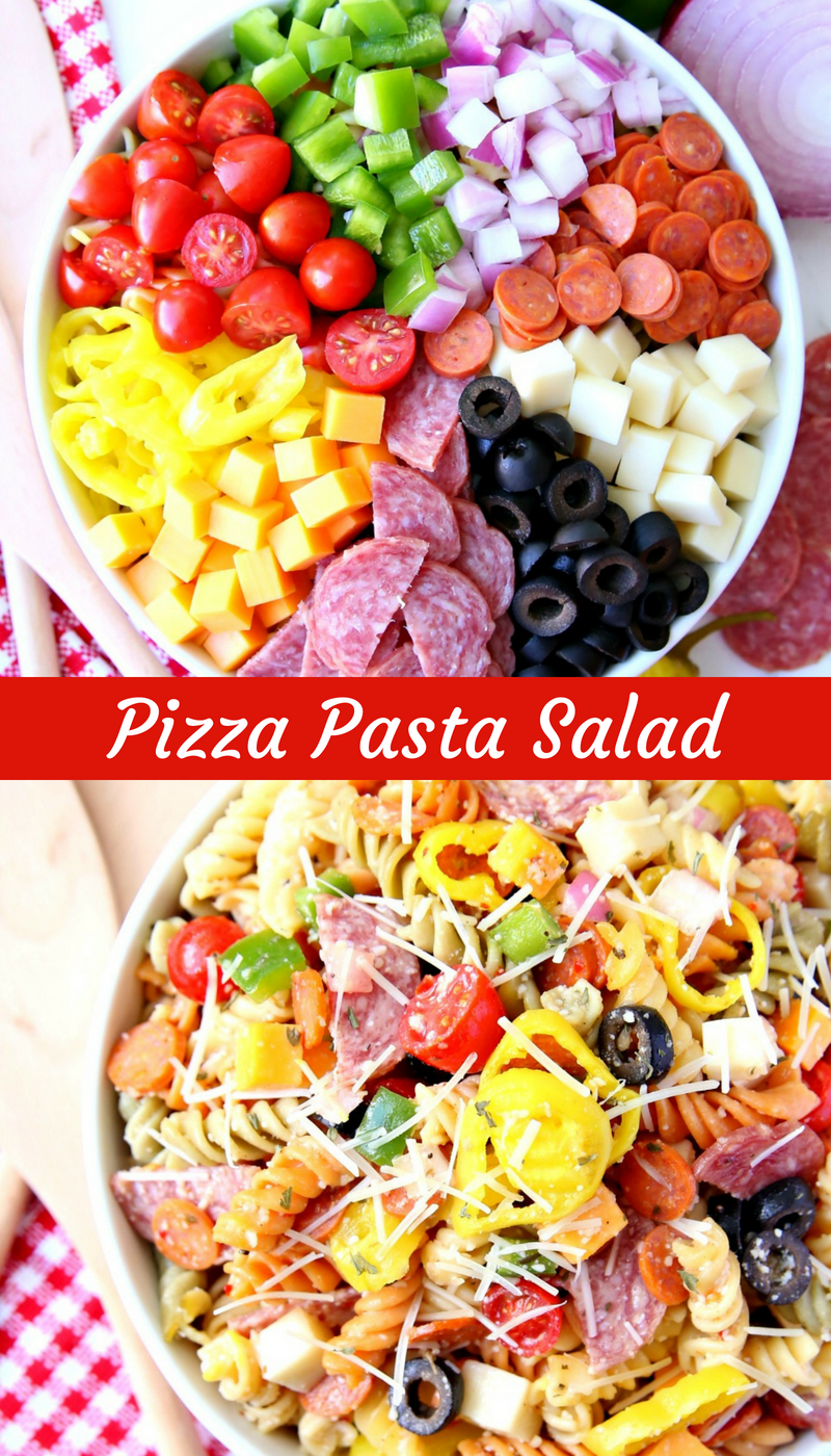 Pizza Pasta Salad Ingredients and Pasta Salad in Bowl