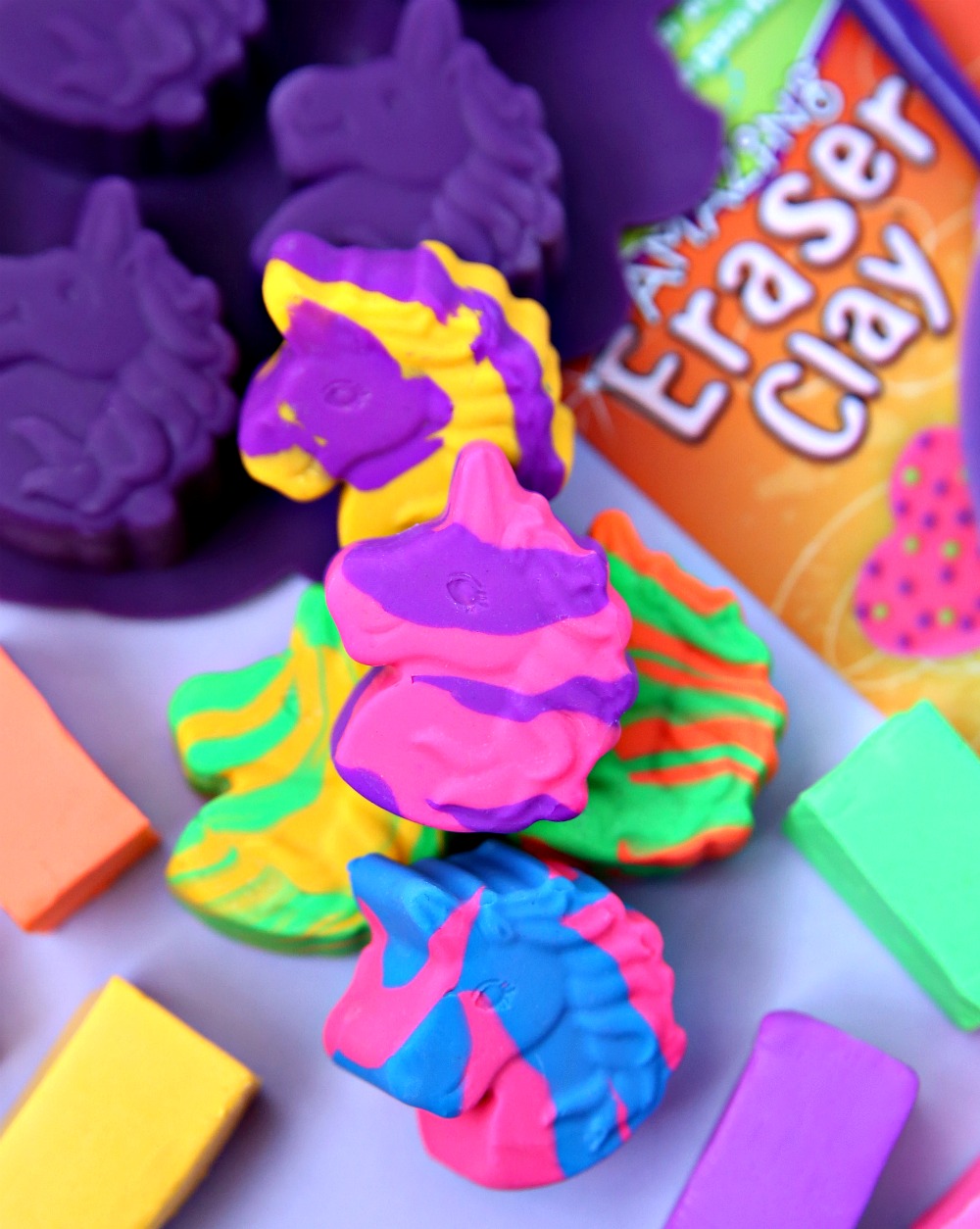 Make these easy DIY Unicorn Erasers with Eraser Clay and unicorn molds.