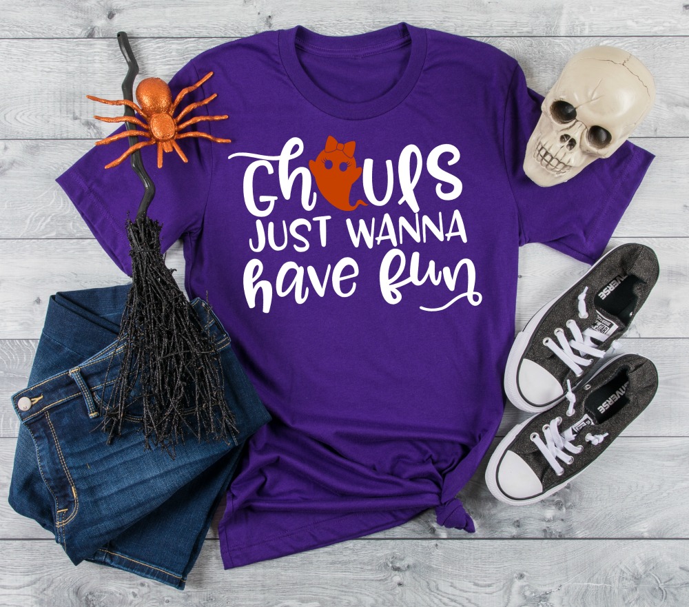Ghouls Just Wanna Have Fun Free SVG Cut File on Purple Shirt