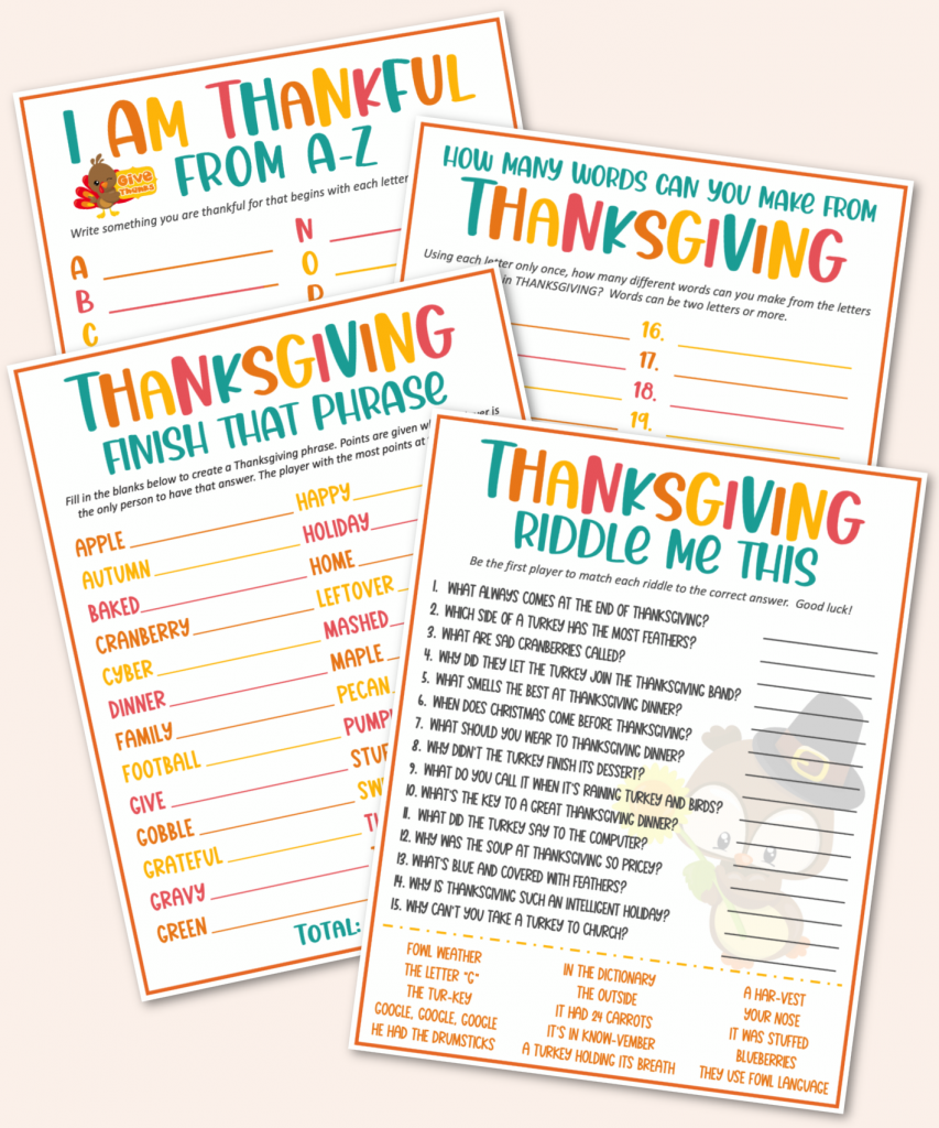 Thanksgiving Game Pack - 6 Free Printable Thanksgiving Games