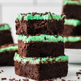 Chocolate Mint Bars stacked on marble countertop
