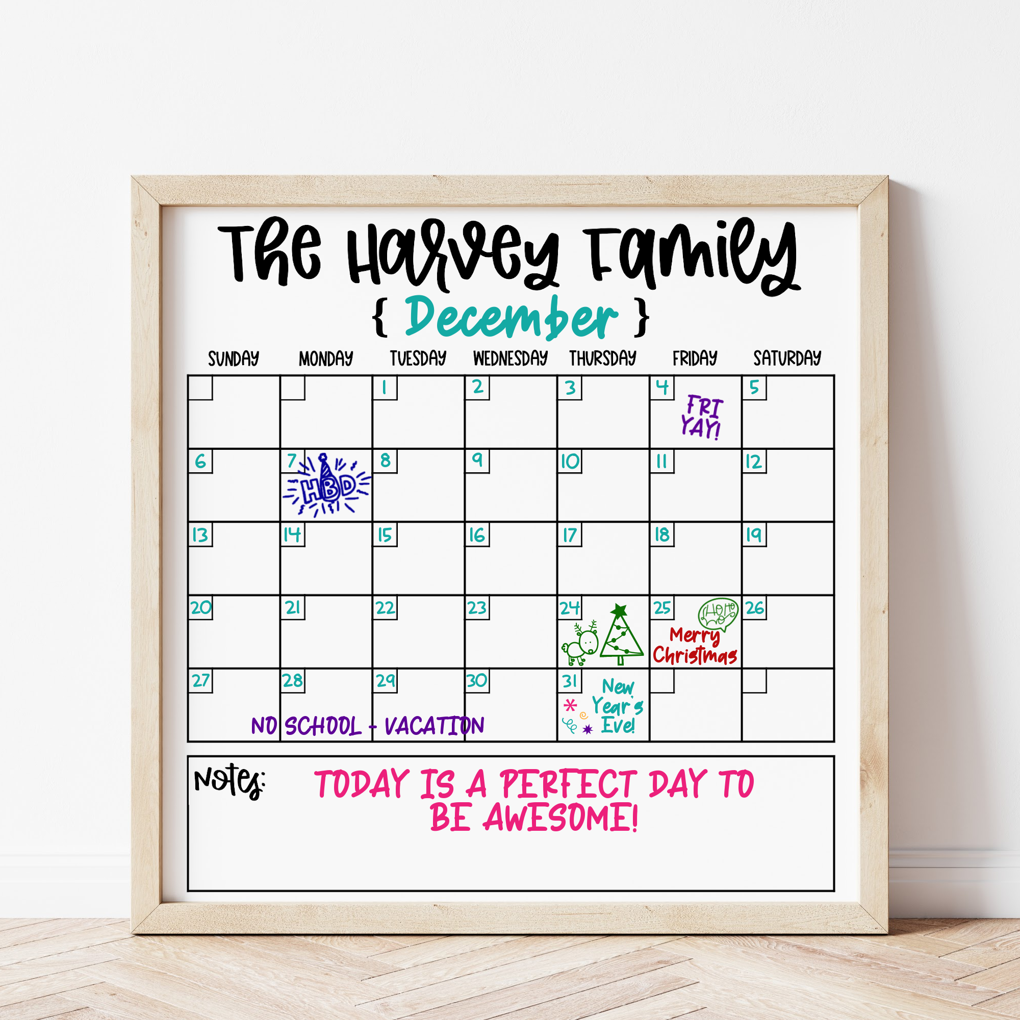 Family Calendar SVG on White Board