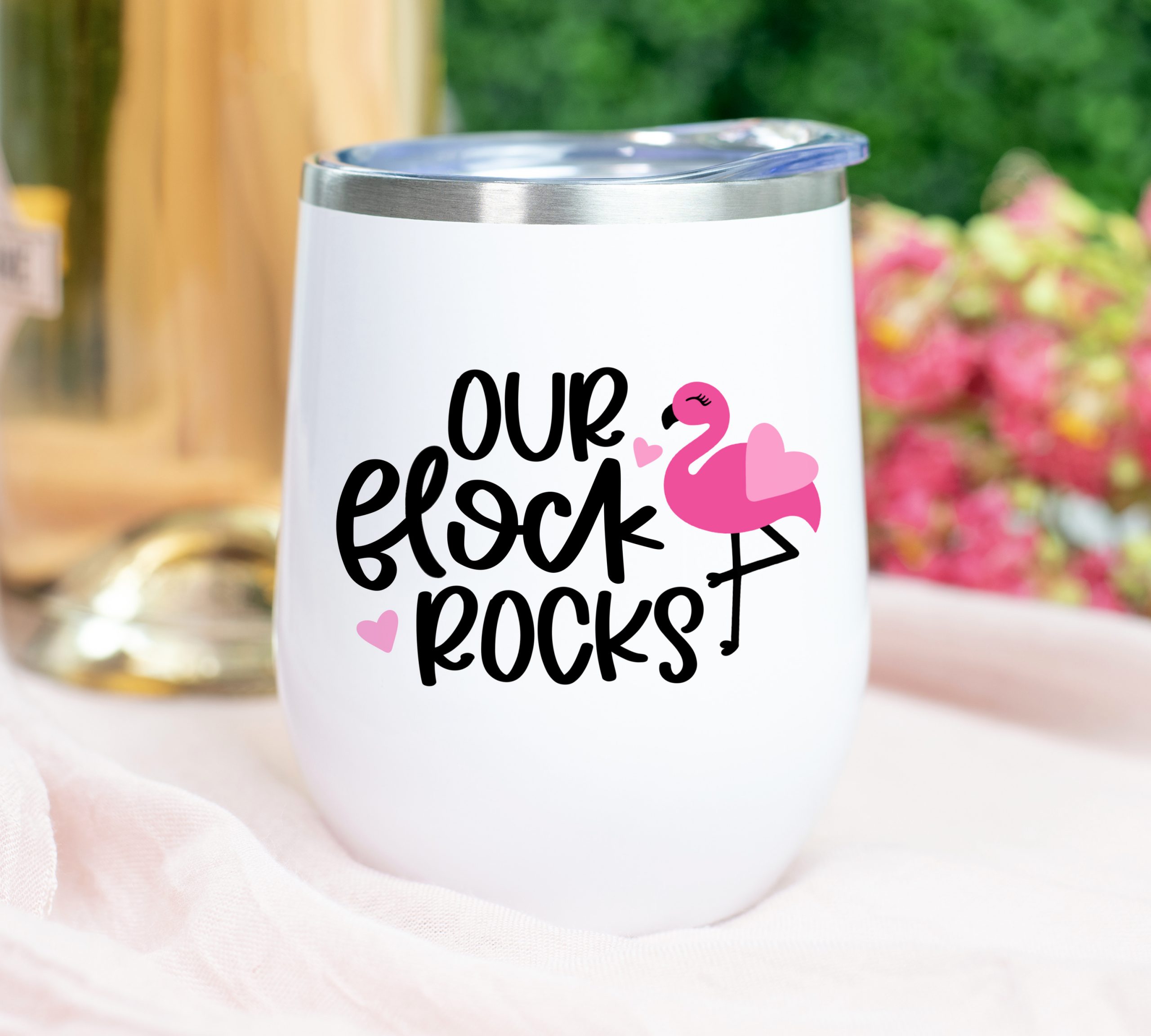 Flamingo SVG Collection - Our Flock Rocks SVG on wine tumbler