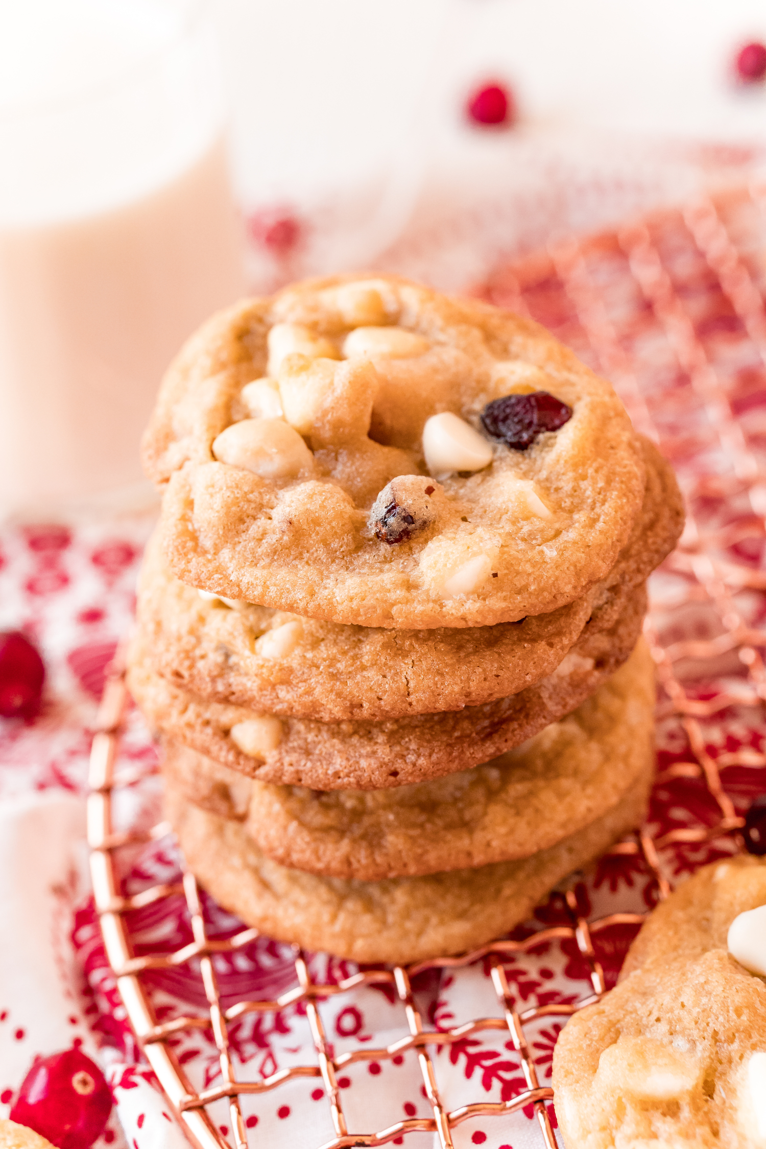 Cranberry White Chocolate Macadamia Nut Cookies stacked.