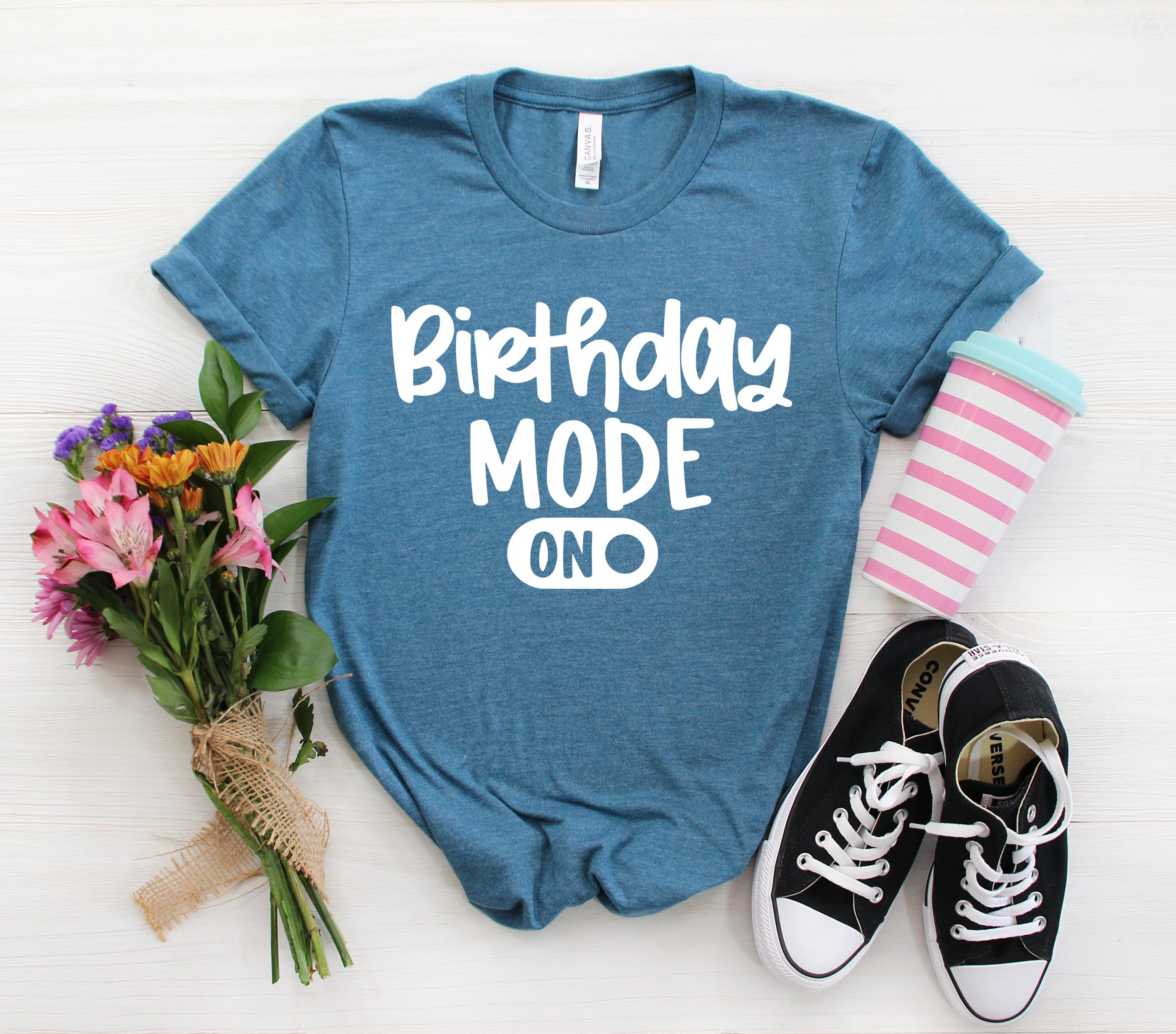 Birthday Mode On SVG Cut File on blue t-shirt