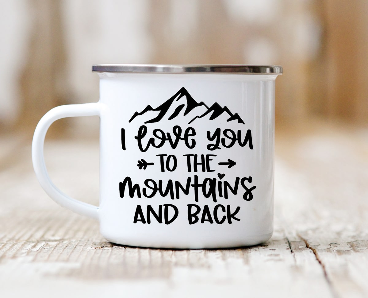 Mountains SVG on white camping mug