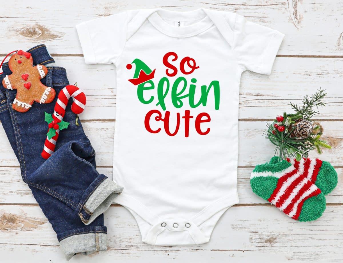 So Elfin Cute Baby SVG cut file on white onesie