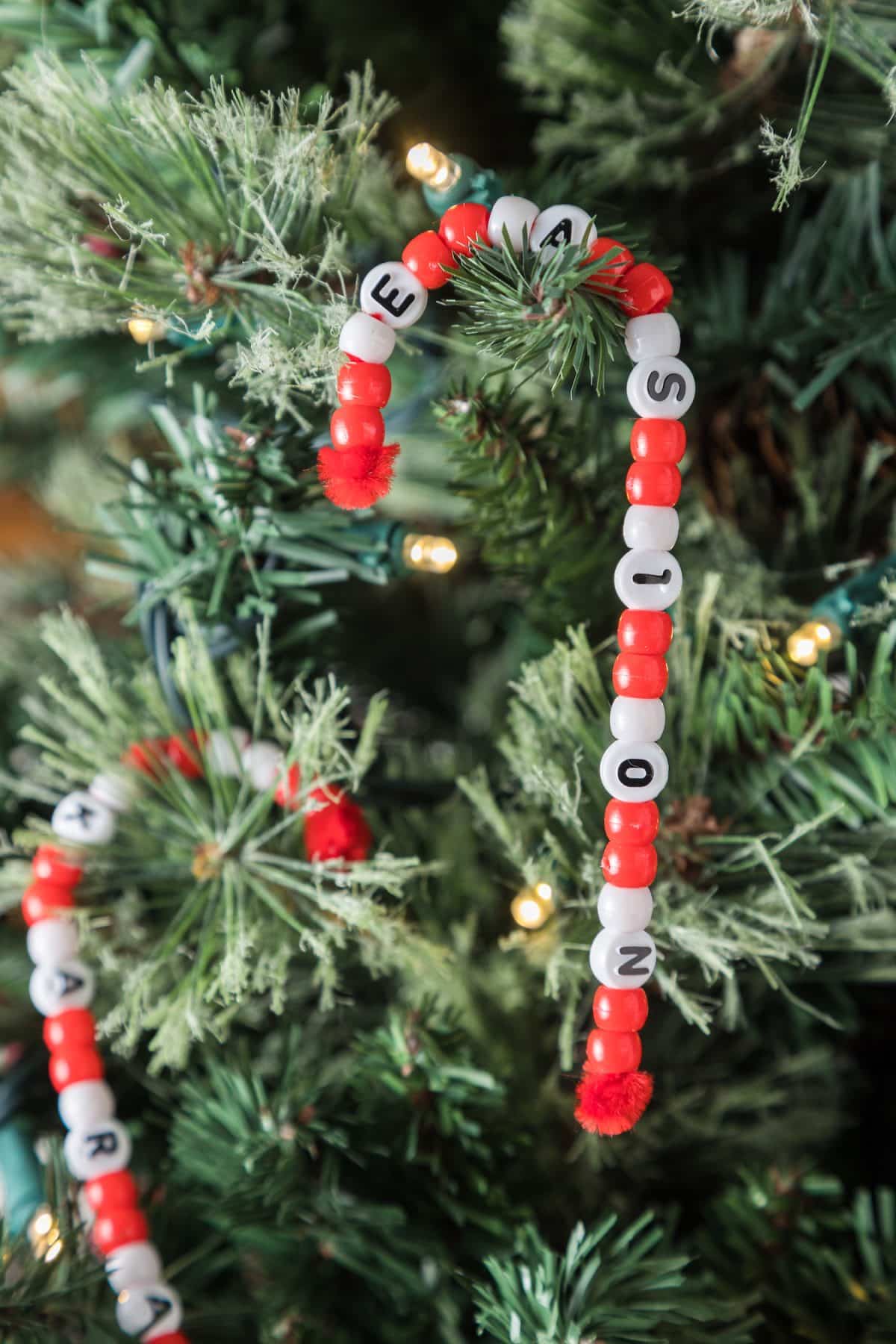 Personalized Beaded Candy Cane Ornaments on Tree