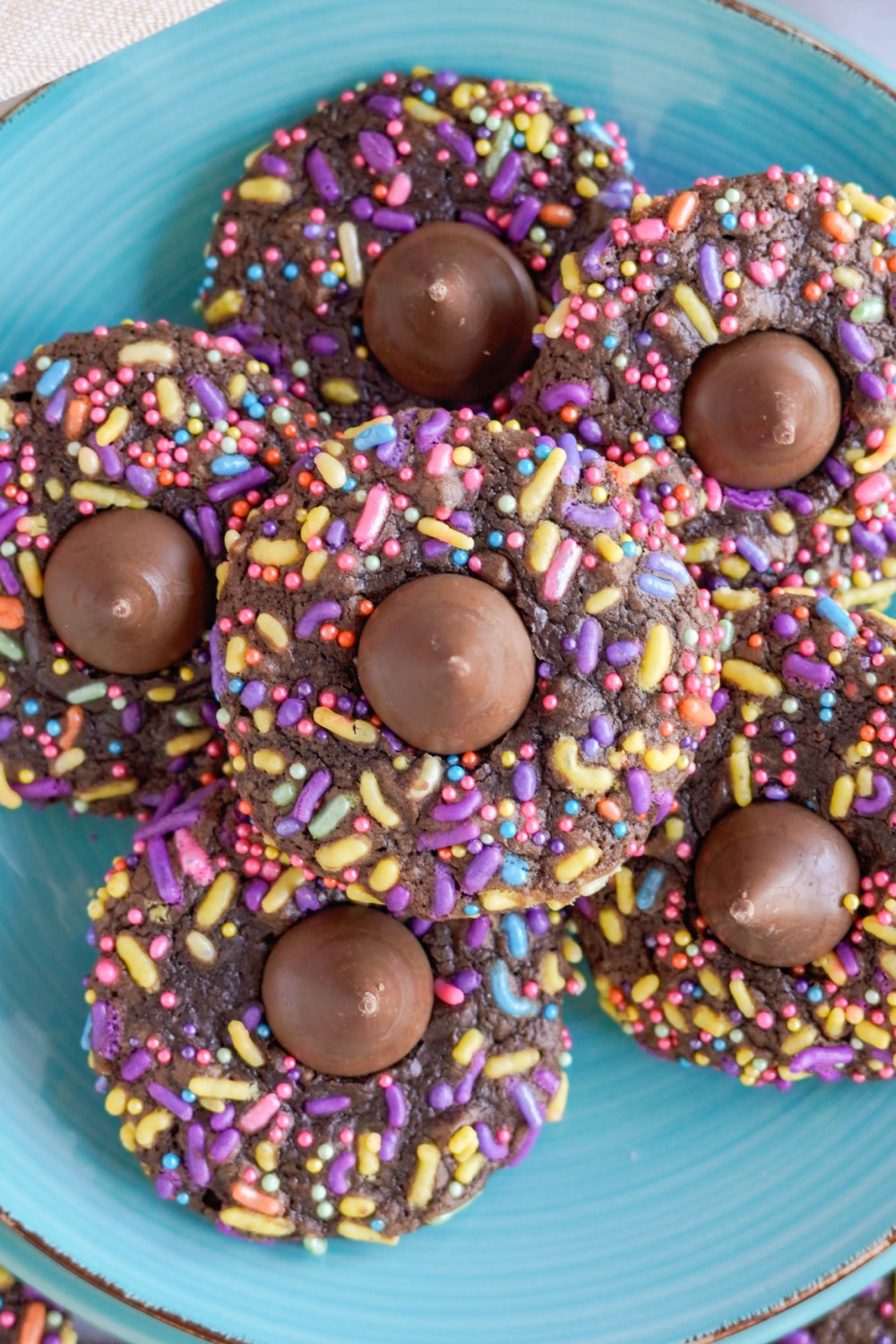 Brownie Blossom Cookies with Sprinkles and Chocolate Kisses