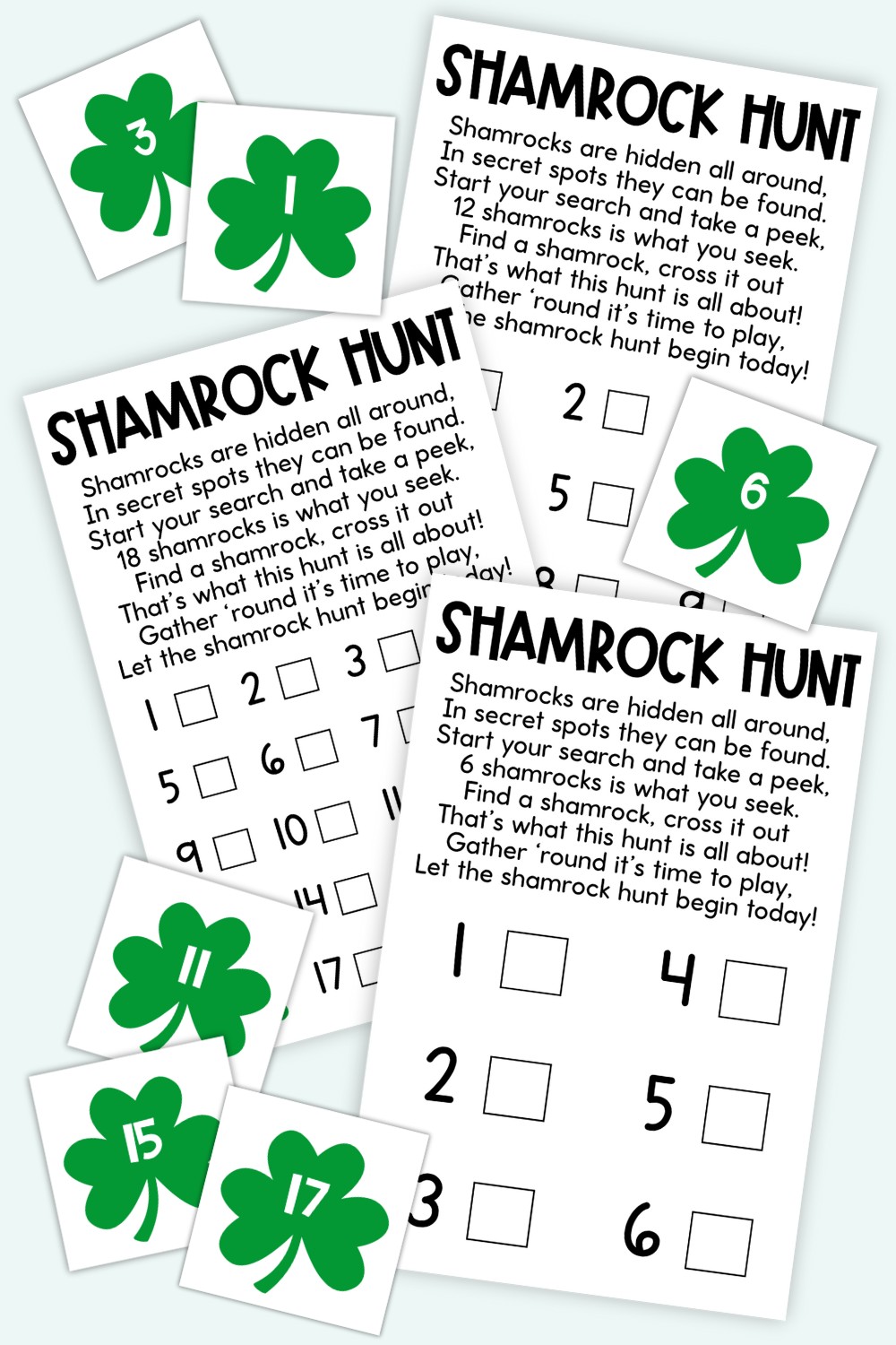 Printable Shamrock Hunt game featuring numbered shamrocks for a St. Patrick’s Day activity.