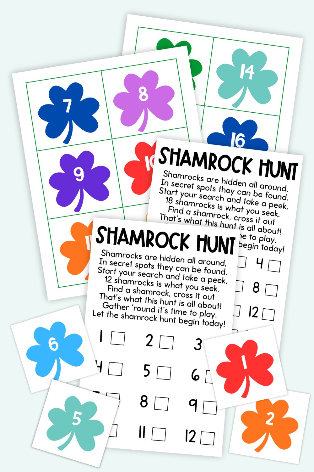 Kids St. Patrick’s Day Shamrock Hunt game with colored shamrock cards and a checklist for finding hidden shamrocks.