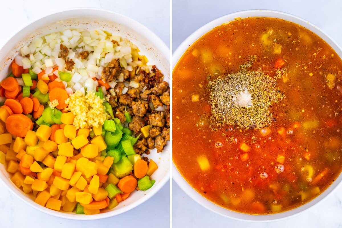 Cooking sausage and vegetables for soup and adding seasoning to the broth.