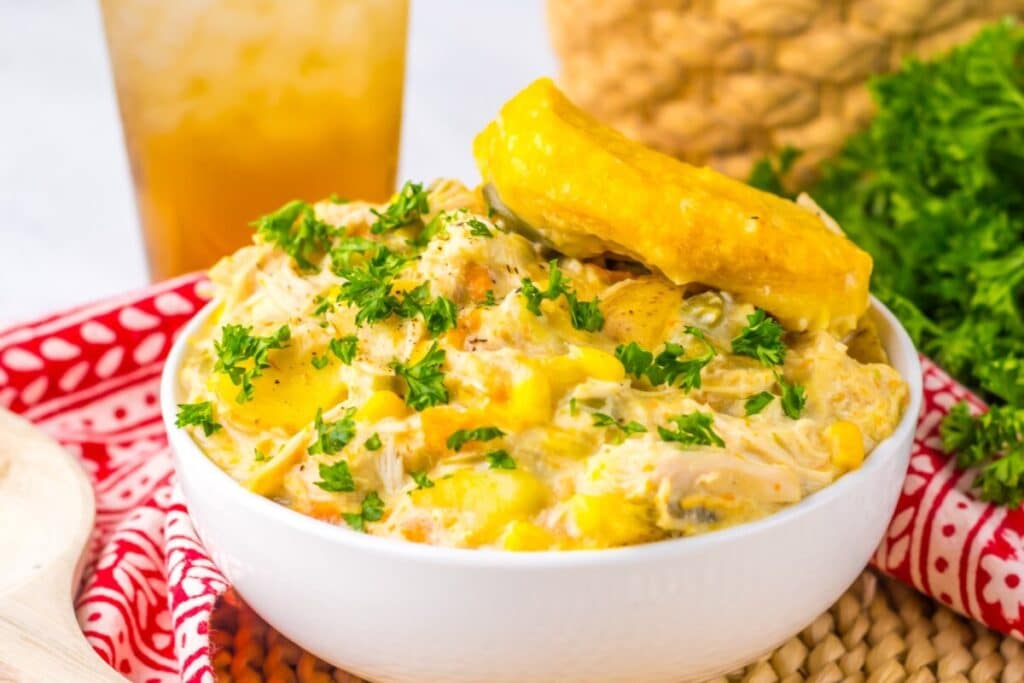 Crockpot chicken pot pie comfort food dinner ready to serve