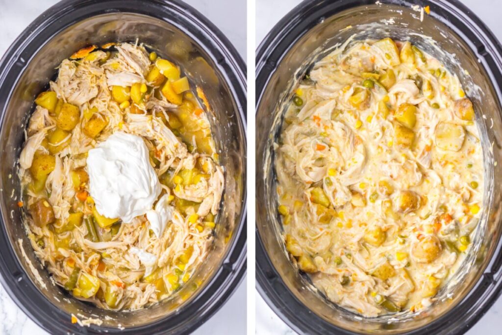 Slow cooker chicken pot pie filling cooking in crockpot with chicken, potatoes, and mixed vegetables