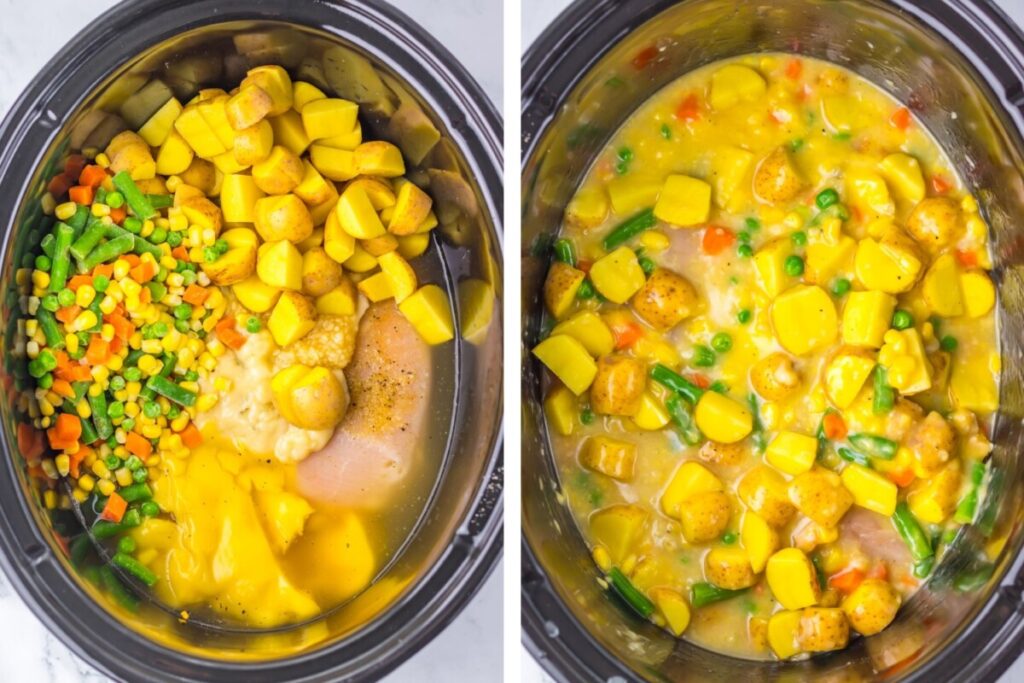 Boneless chicken breasts added to slow cooker with potatoes and vegetables