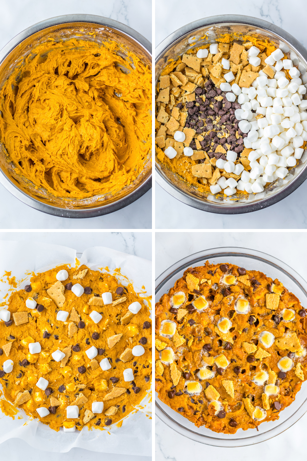 Adding graham crackers, marshmallows, and chocolate chips to pumpkin cookie dough